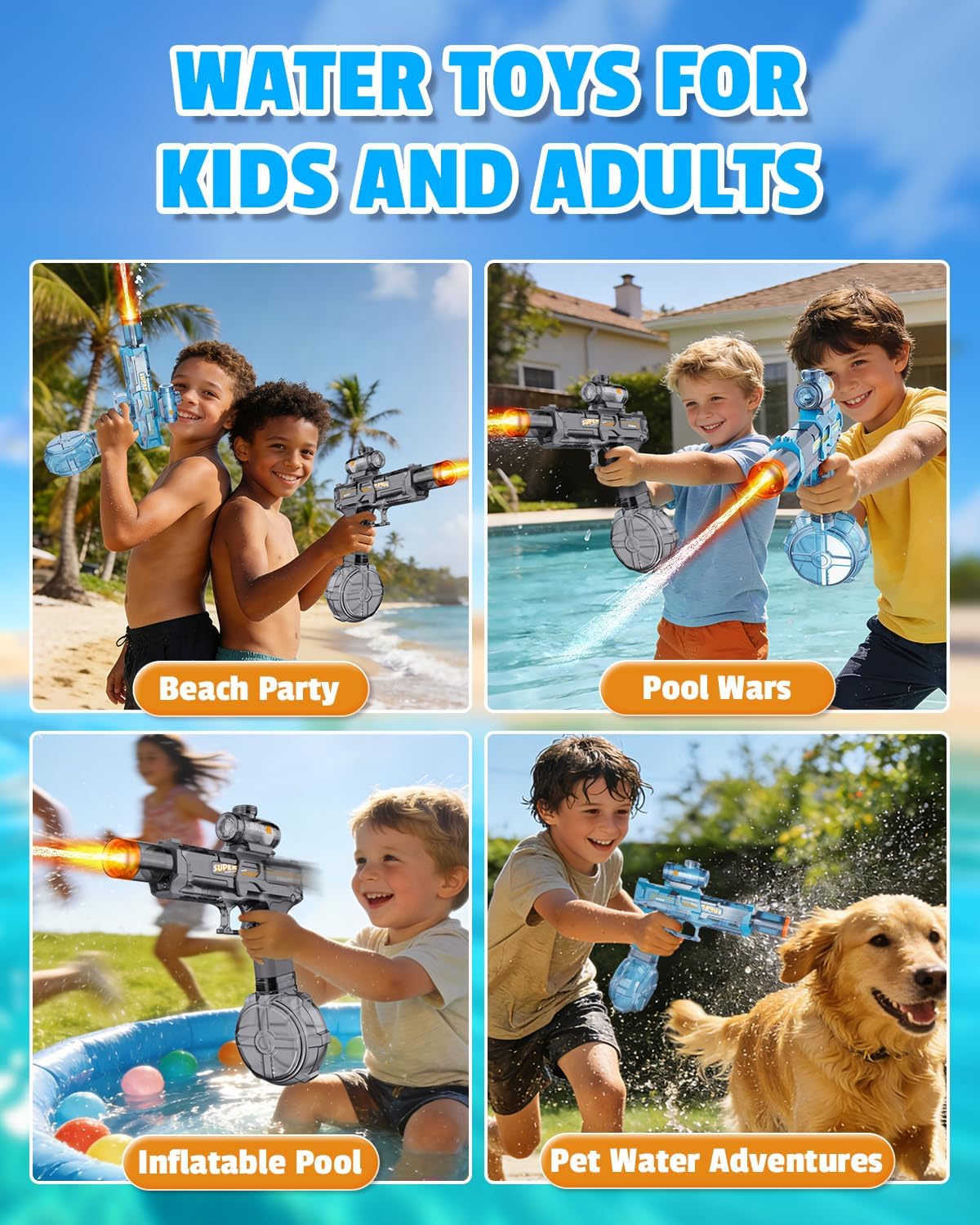 2Pcs Electric Water Gun Toy for Kids Adults,Automatic Squirt Gun with Flashing Muzzle, 26FT Range, Leak-Proof Rechargeable Water Blaster for Summer Pool Beach Water Fights (Black+Blue)