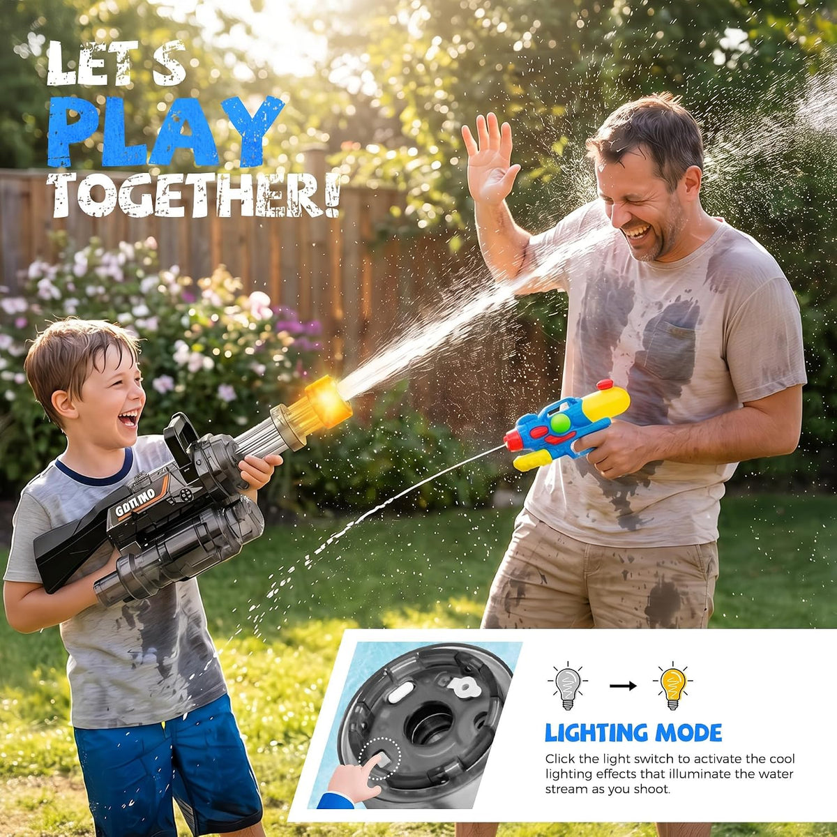 Water Gun with Rotating Nozzle and LED Light, Water Backpack and Detachable Tank, Long Range 28–32FT