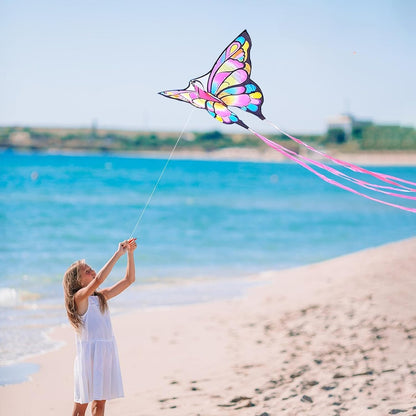 Simxkai Butterfly Kite for Kids & Adults, Easy to Fly Blue Big Kite for Beginners, Line Handle Included (1Pack 2Pack)