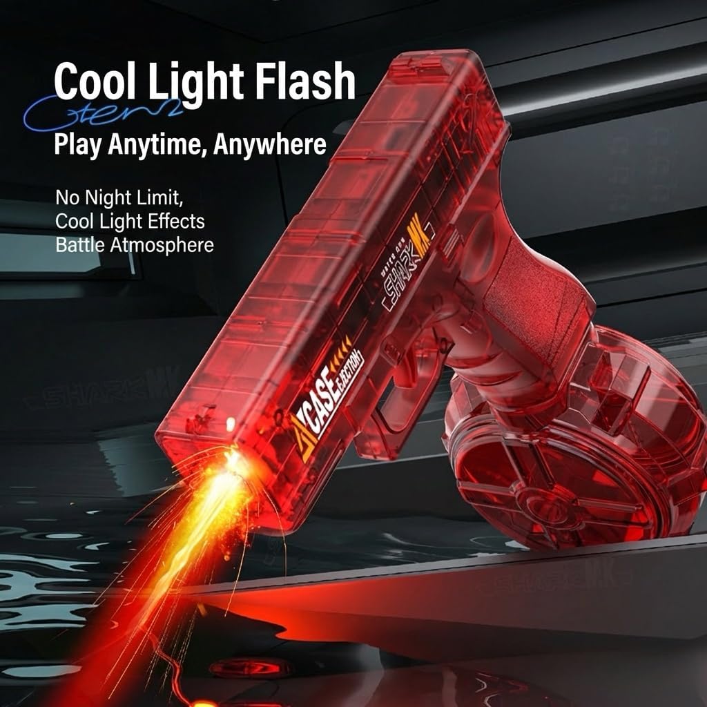 Basics Electric Water Gun, Transparent Automatic Squirt Gun with Manual Mode & LED Lights, Beach & Party Toys. (Black+Red)