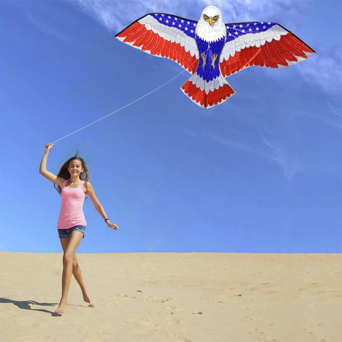 HONBO Huge Patriotic Eagle Kites for Adults and Kids,Easy to Fly for Beach Trip, Outdoor Activities-Wingspan 73”-200ft Line with Swivel-Bonus Durable Polyester Bag