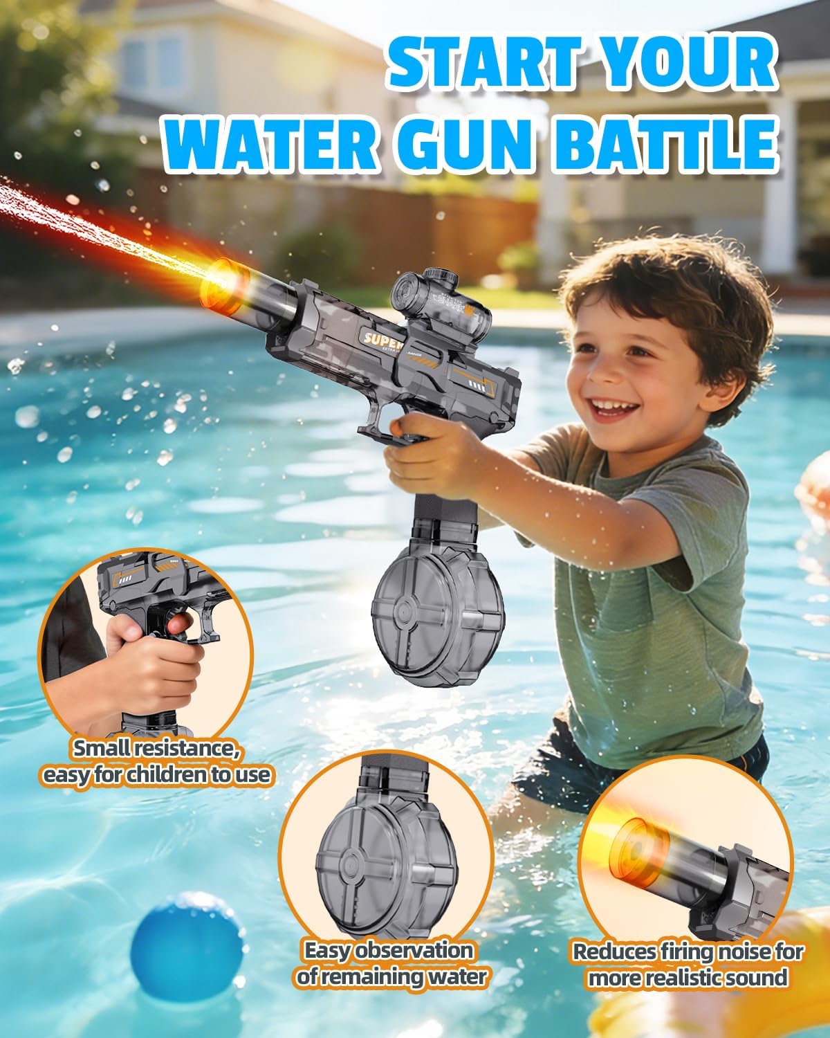 2Pcs Electric Water Gun Toy for Kids Adults,Automatic Squirt Gun with Flashing Muzzle, 26FT Range, Leak-Proof Rechargeable Water Blaster for Summer Pool Beach Water Fights (Black+Blue)
