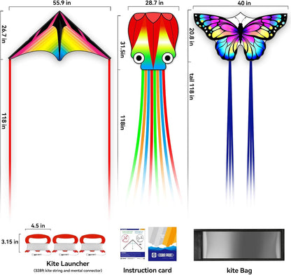 Kites for Adults & Kids Ages 4-8,Beach Kites Easy to Fly for Beginner, with Handle and 328ft Kite String，Best Toy and Gift for Boys & Girls. (QC Grassland, HG Butterfly,QC Octopus, 3)
