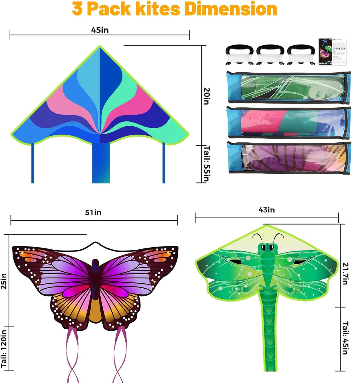 3 Pack Large Kites, Butterfly Delta Dragonfly Kites Easy to Fly Beach Toys