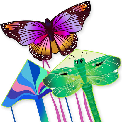 3 Pack Large Kites, Butterfly Delta Dragonfly Kites Easy to Fly Beach Toys