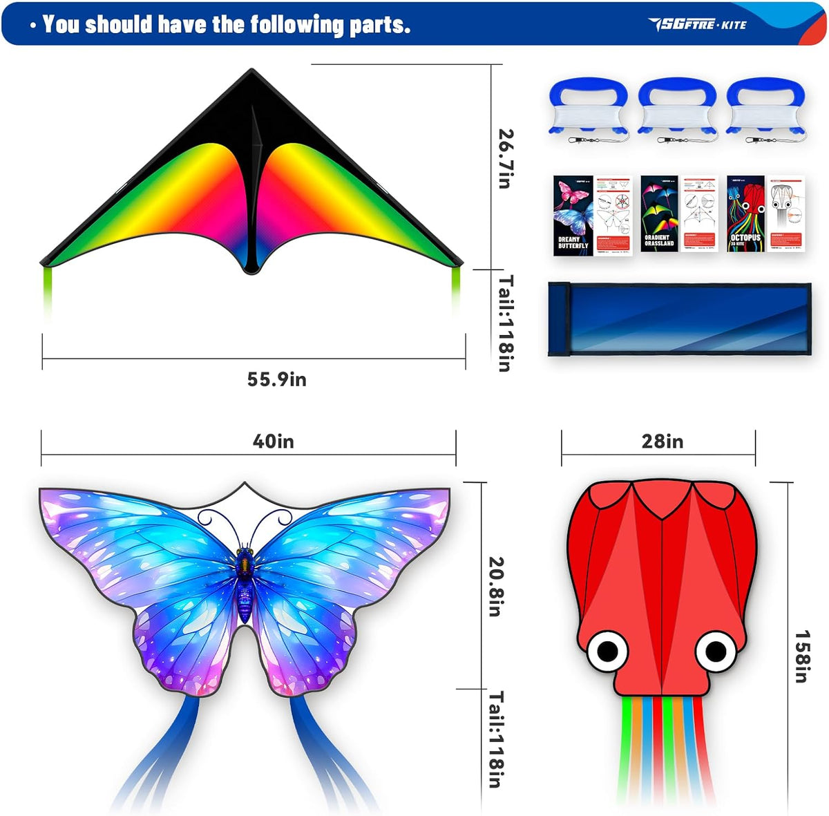 SGftre 3 Piece Set Butterfly Delta Octopus Kites for Kids and Adults，Easy to Fly for Outdoor Adults Children Line Kite for Kids Toy (Gradient Grassland Rainbow+Octopus Red+Blue Dreamy Butterfly, 3)