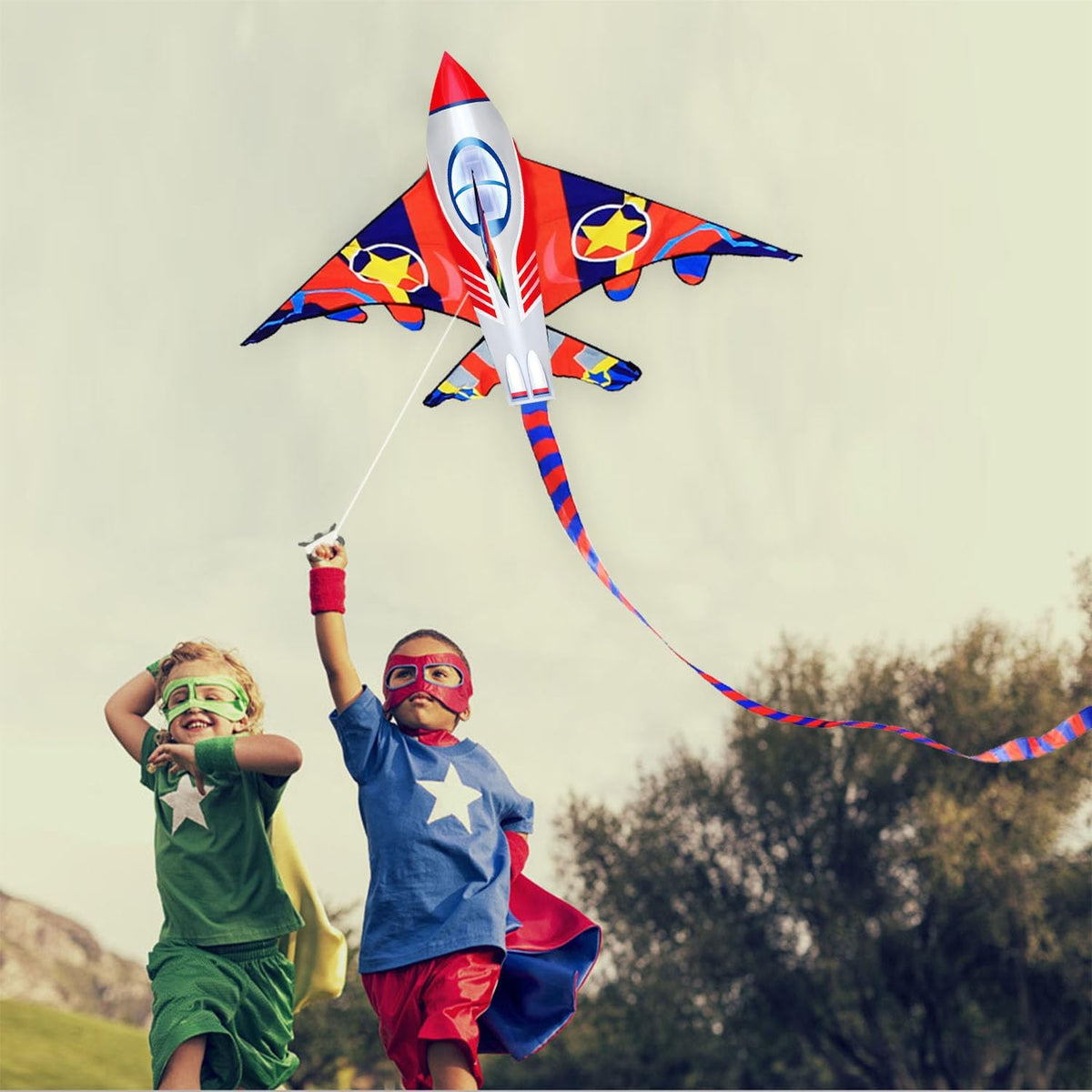 HONBO 58" Fighter Plane - Kite for Kids & Adults, Easy to Fly, Beach Trip Beginner Kite with Reel and 200ft String