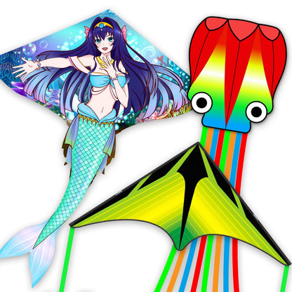 Kites for Adults & Kids Ages 4-8,Beach Kites Easy to Fly for Beginner, with Handle and 328ft Kite String，Best Toy and Gift for Boys & Girls. (QC Grassland, HG Butterfly,QC Octopus, 3)