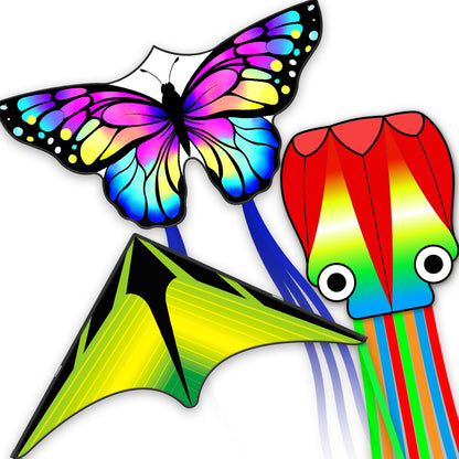 Kites for Kids & Adults,Large Kite for Beginners, Kites for Kids Ages 4-8,Outdoors Activities with Complete Handle, 328ft Kite String & Accessories (QHC Mermaid+L Grassland+Q Octopus, 3)
