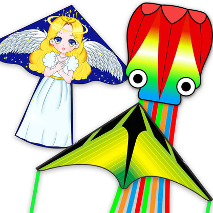Kites for Kids & Adults,Large Kite for Beginners, Kites for Kids Ages 4-8,Outdoors Activities with Complete Handle, 328ft Kite String & Accessories (QHC Mermaid+L Grassland+Q Octopus, 3)
