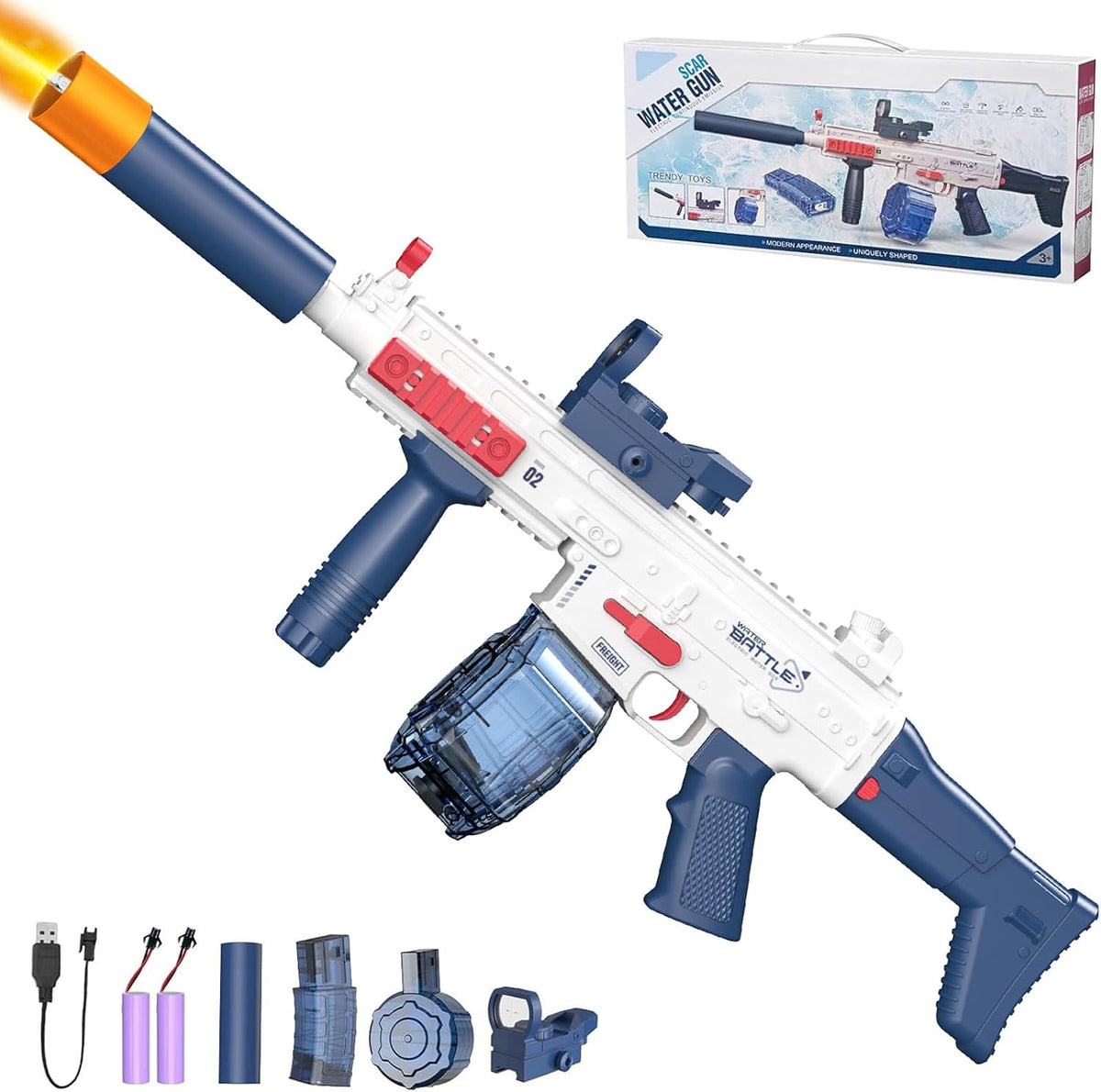Electric Water Gun With Light Up,Auto Water Gun,Squirt Gun Blaster Up to 32 FT Long Range,Outdoor Party Shooting Game Toy With 2 Batteries & 2 Water Tanks,Ideal Summer Watergun Gift for Kids & Adults.