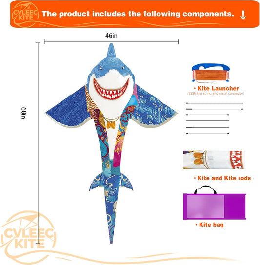 Shark Kite for Kids & Adults, Outdoor Kite, Perfect for Beginners, Easy to use, Ideal for Beaches, backyards, Grassy Areas