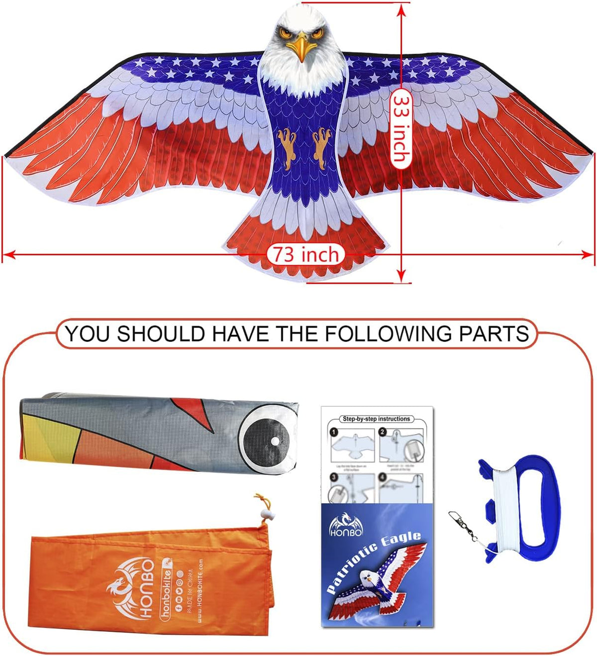 HONBO Huge Patriotic Eagle Kites for Adults and Kids,Easy to Fly for Beach Trip, Outdoor Activities-Wingspan 73”-200ft Line with Swivel-Bonus Durable Polyester Bag