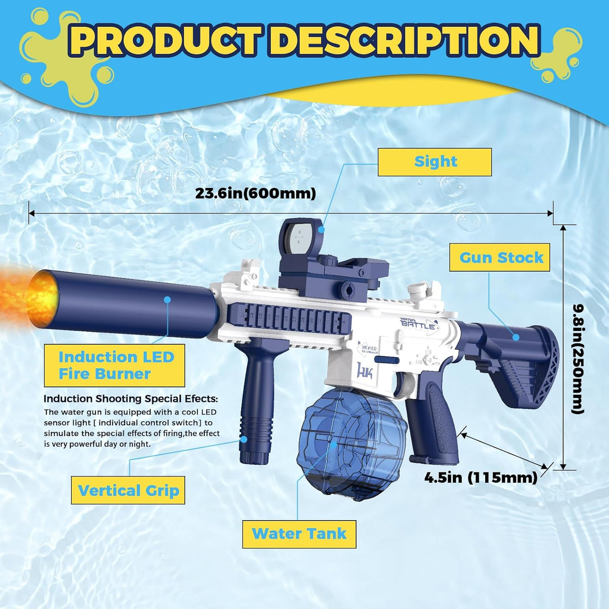 Electric Water Gun,Water Gun with Light Up,Automatic Squirt Gun Long Range Blaster Up to 32 FT,Outdoor Party Shooting Game Toy with 2 Water Tanks & 2 Batteries,Ideal Summer Gift for Kids & Adults.