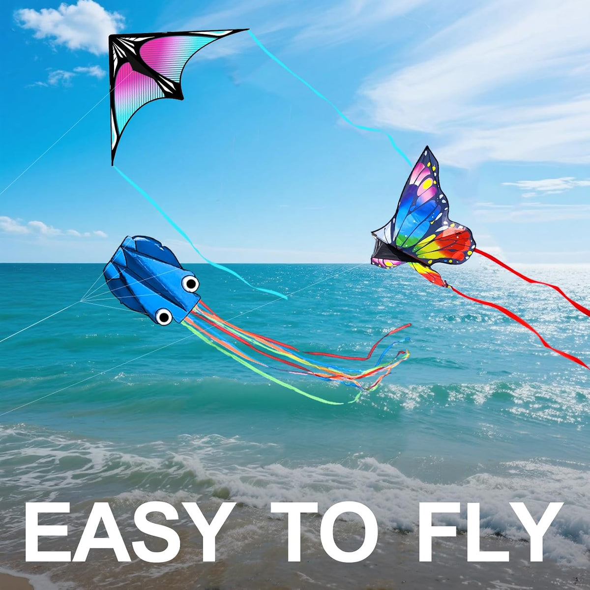 Large Beach Kite and Reel Winder with 650ft String for Kids and Adults, Single Line Kite, Extremely Easy to Fly for Beginners