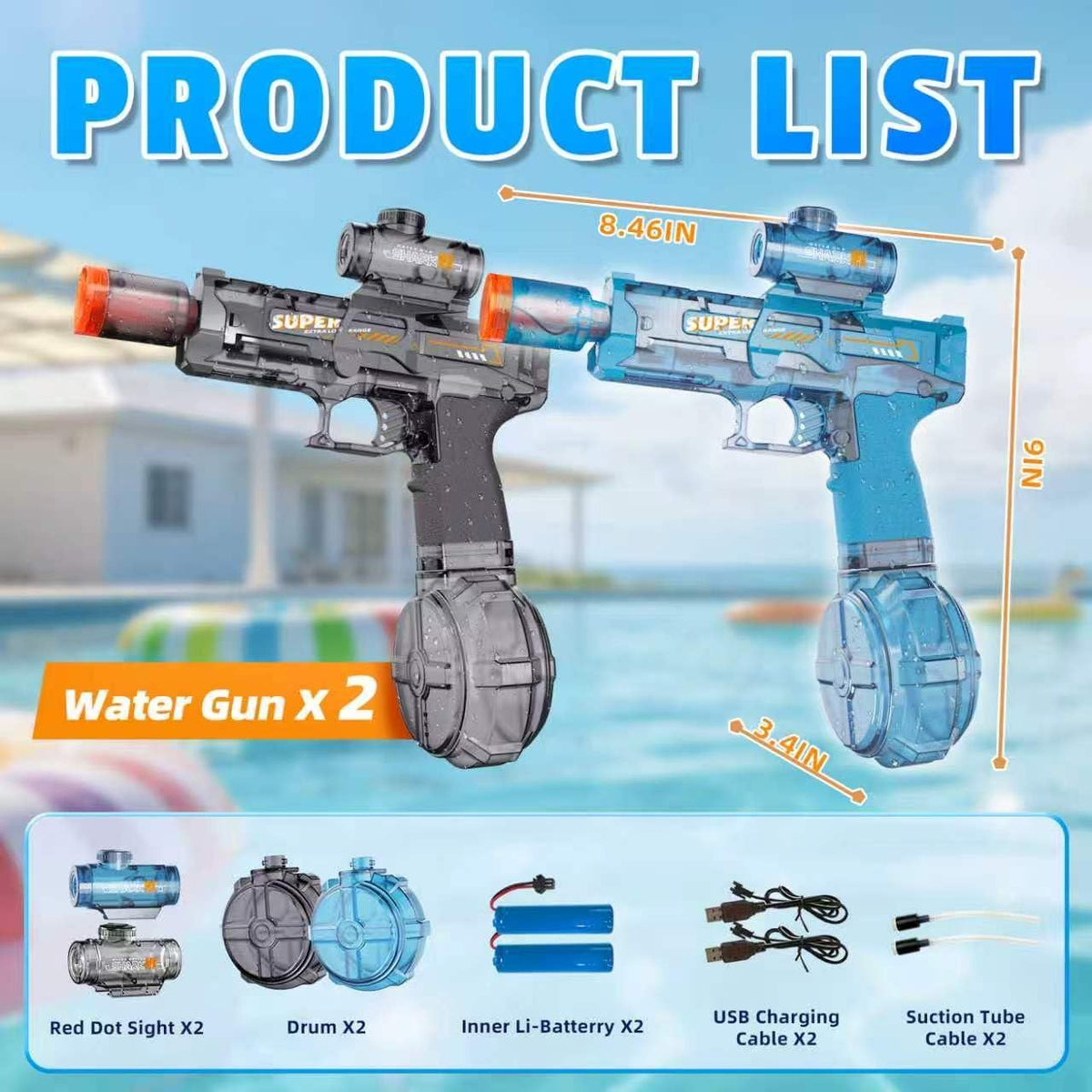 2Pcs Electric Water Gun Toy for Kids Adults,Automatic Squirt Gun with Flashing Muzzle, 26FT Range, Leak-Proof Rechargeable Water Blaster for Summer Pool Beach Water Fights (Black+Blue)