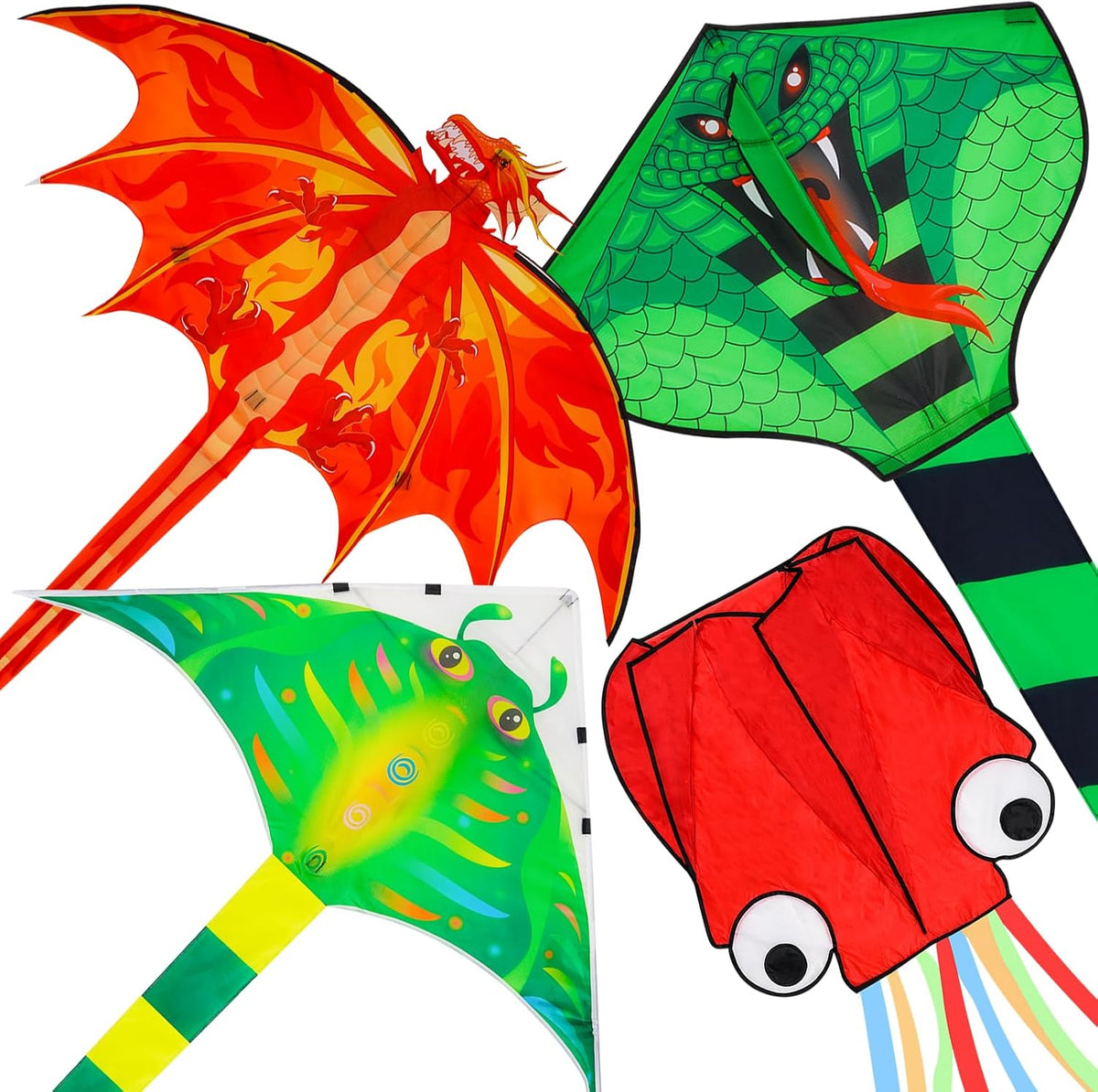 4 Pack Large Kites Fire Dragon Green Snake Devil Fish Red Mollusc Octopus