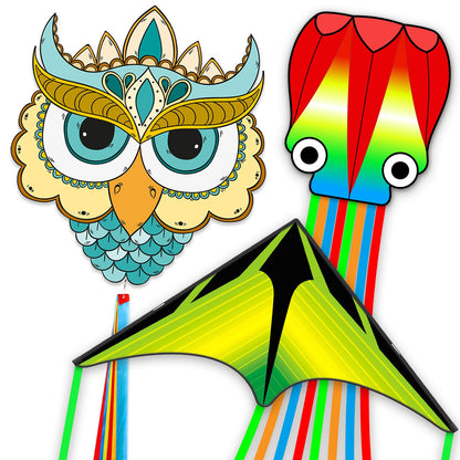 Kites for Kids & Adults,Large Kite for Beginners, Kites for Kids Ages 4-8,Outdoors Activities with Complete Handle, 328ft Kite String & Accessories (QHC Mermaid+L Grassland+Q Octopus, 3)