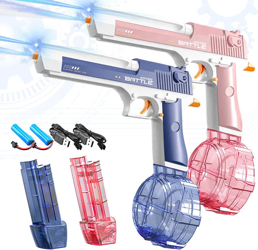 2 Pack Electric Water Gun for Adults & Kids, Up to 32 FT Long Range Water Squirt Guns 450CC+60CC Watergun Blaster Summer Pool Beach Party Toys (Blue&Pink)