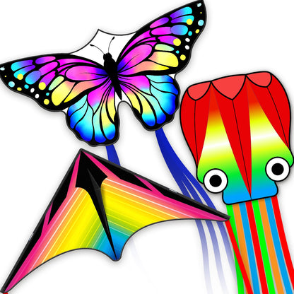 Kites for Adults & Kids Ages 4-8,Beach Kites Easy to Fly for Beginner, with Handle and 328ft Kite String，Best Toy and Gift for Boys & Girls. (QC Grassland, HG Butterfly,QC Octopus, 3)