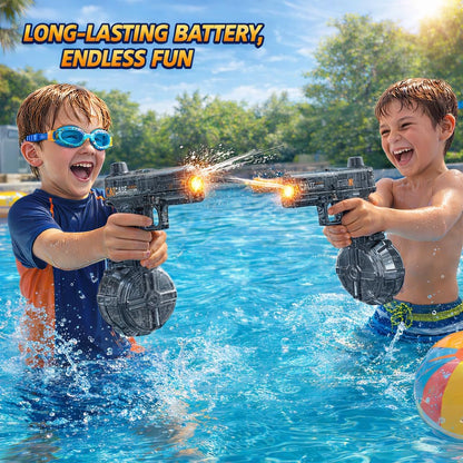 Basics Electric Water Gun, Transparent Automatic Squirt Gun with Manual Mode & LED Lights, Beach & Party Toys. (Black+Red)