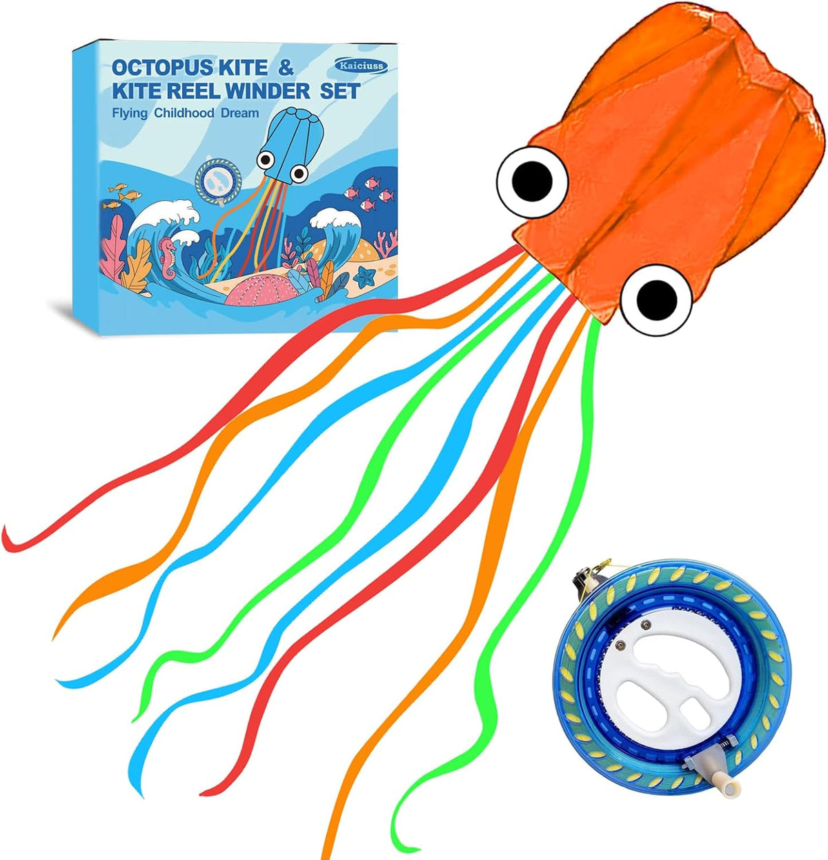 Octopus Kite & Kite Reel Set, Easy to Fly for Beach Trip, Nice Winder for Kids & Adults, Single Line Frameless Style with 7.2 Inch Wheel Kit (Orange)