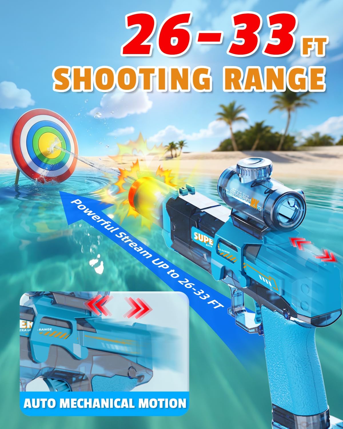 2Pcs Electric Water Gun Toy for Kids Adults,Automatic Squirt Gun with Flashing Muzzle, 26FT Range, Leak-Proof Rechargeable Water Blaster for Summer Pool Beach Water Fights (Black+Blue)