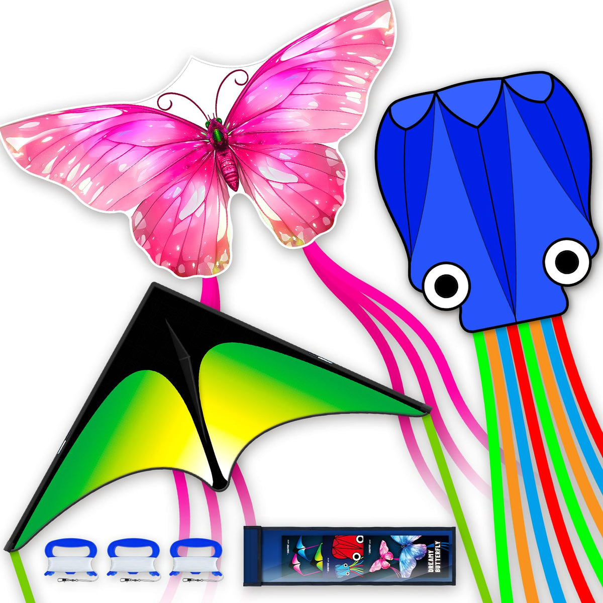 SGftre 3 Piece Set Butterfly Delta Octopus Kites for Kids and Adults，Easy to Fly for Outdoor Adults Children Line Kite for Kids Toy (Gradient Grassland Rainbow+Octopus Red+Blue Dreamy Butterfly, 3)