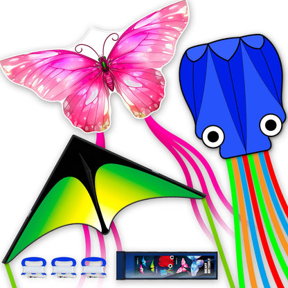 SGftre 3 Piece Set Butterfly Delta Octopus Kites for Kids and Adults，Easy to Fly for Outdoor Adults Children Line Kite for Kids Toy (Gradient Grassland Rainbow+Octopus Red+Blue Dreamy Butterfly, 3)