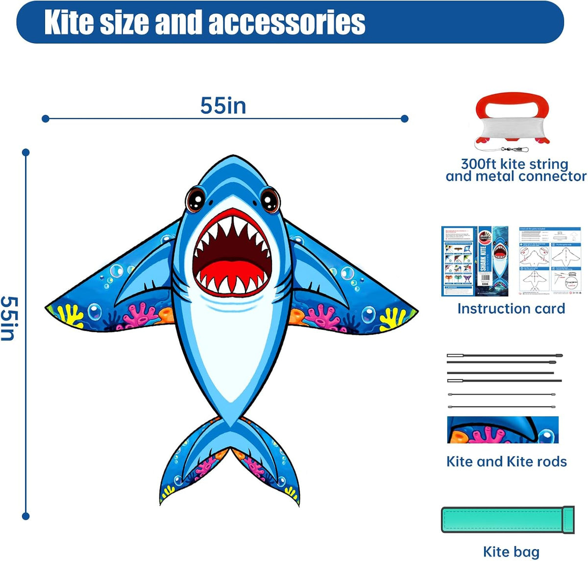 Shark Kite for Kids, Easy to Fly Kites for Boys & Girls Ages 4-8