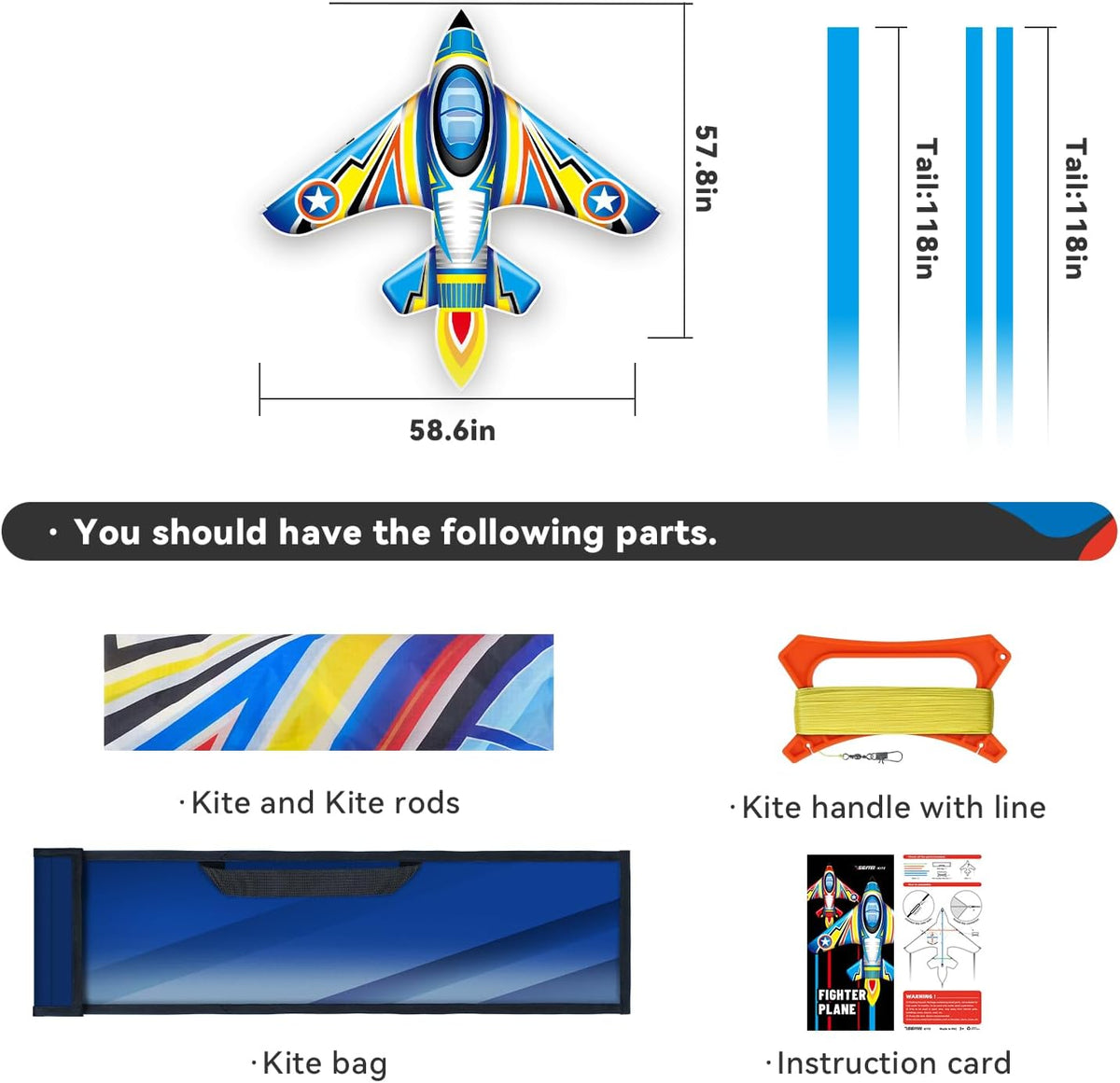 SGftre Airplane Kite for Kids and Adults, Easy to Fly with Durable Fiberglass Frame, Outdoor Fun Sports Plane Kite with Handle and Line Good Flying (Fighter Plane-Blue)