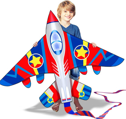 HONBO 58" Fighter Plane - Kite for Kids & Adults, Easy to Fly, Beach Trip Beginner Kite with Reel and 200ft String