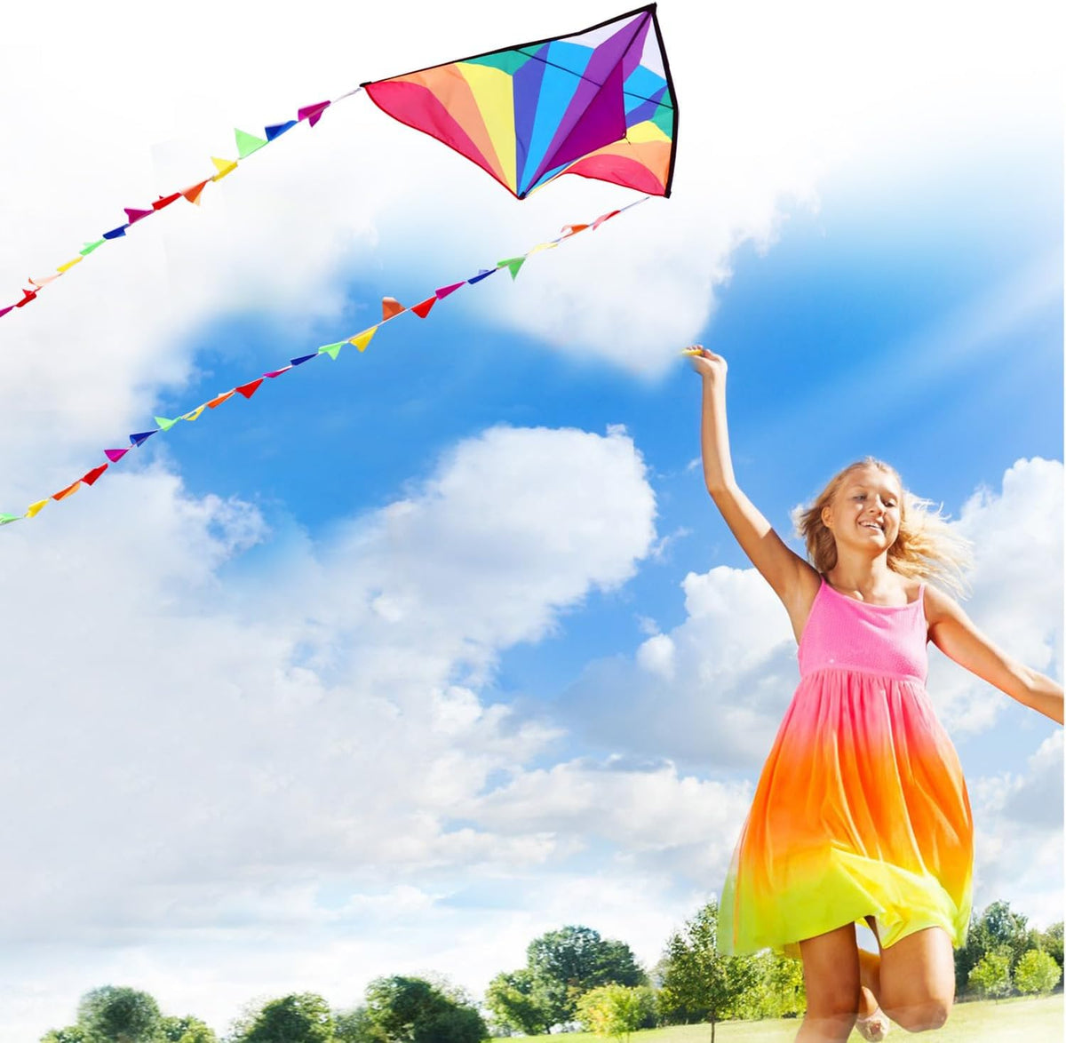HONBO Large Delta Kite for Kids & Adults,Extremely Easy to Fly Kite for Beach Trip,String Line Included,with Colorful Tail,Perfect for Beginners