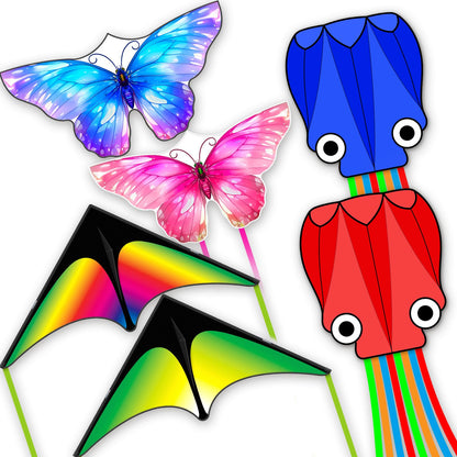 SGftre 3 Piece Set Butterfly Delta Octopus Kites for Kids and Adults，Easy to Fly for Outdoor Adults Children Line Kite for Kids Toy (Gradient Grassland Rainbow+Octopus Red+Blue Dreamy Butterfly, 3)