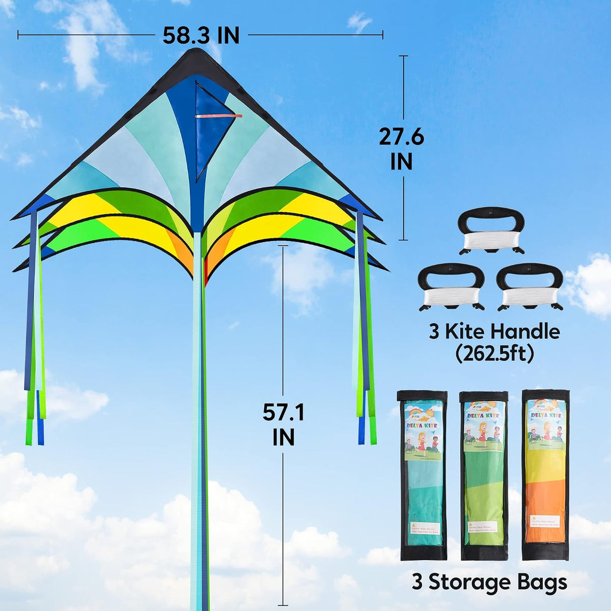 JOYIN 3 Packs Large Delta Kite Gradient Rainbow, Easy to Fly Huge for Kids and Adults, Large Delta Beach Kite for Outdoor Games and Activities