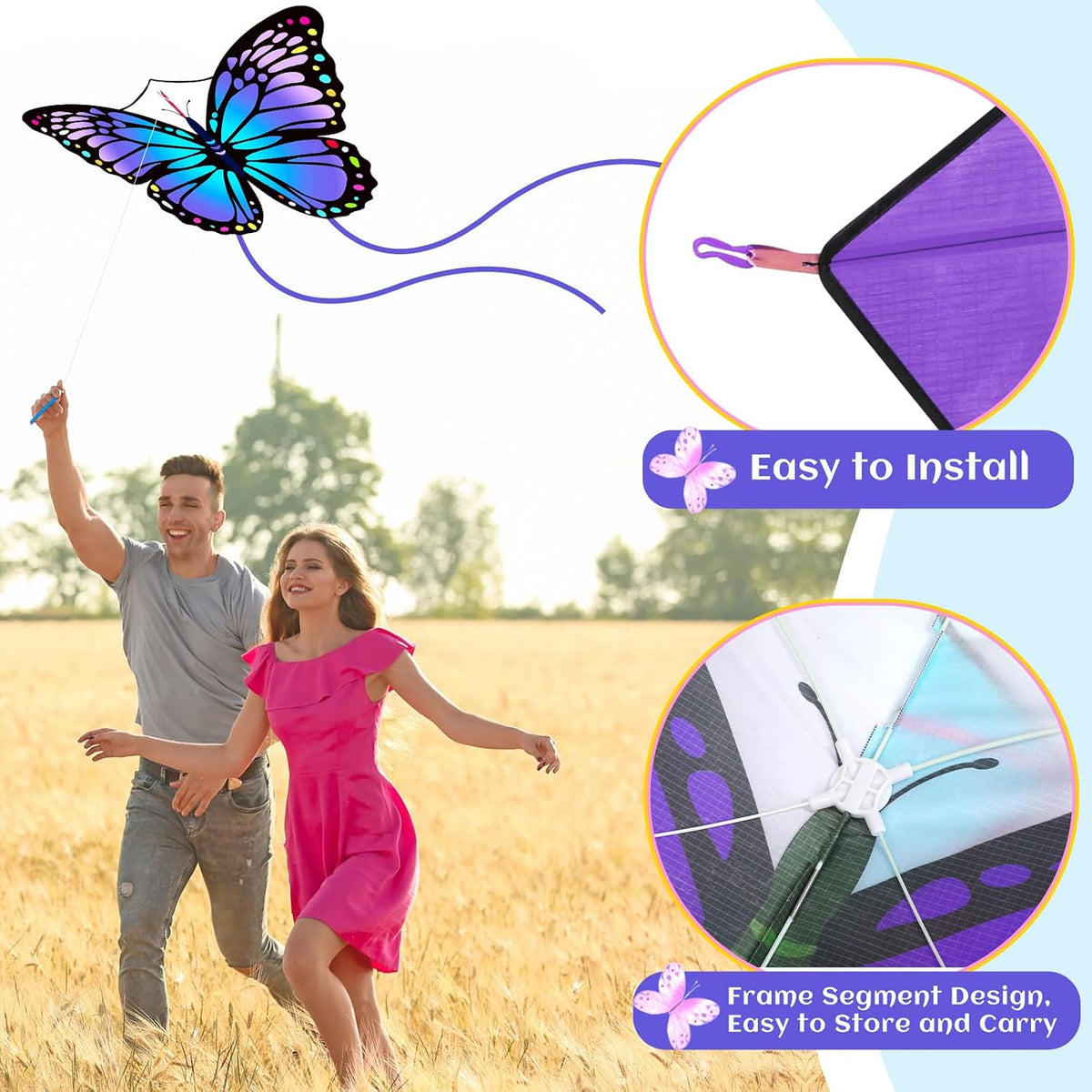 Silipull 2 Pcs Butterfly Kites 55" x 28" Large, Purple and Orange