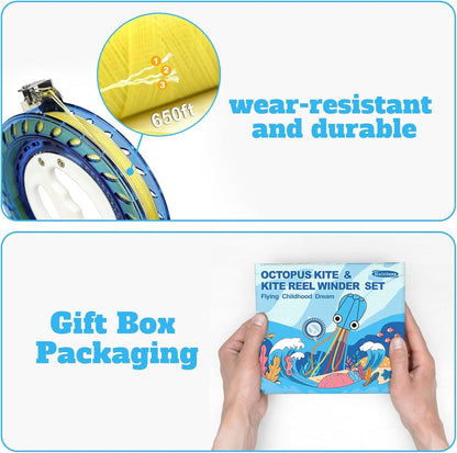 Octopus Kite & Kite Reel Set, Easy to Fly for Beach Trip, Nice Winder for Kids & Adults, Single Line Frameless Style with 7.2 Inch Wheel Kit (Orange)