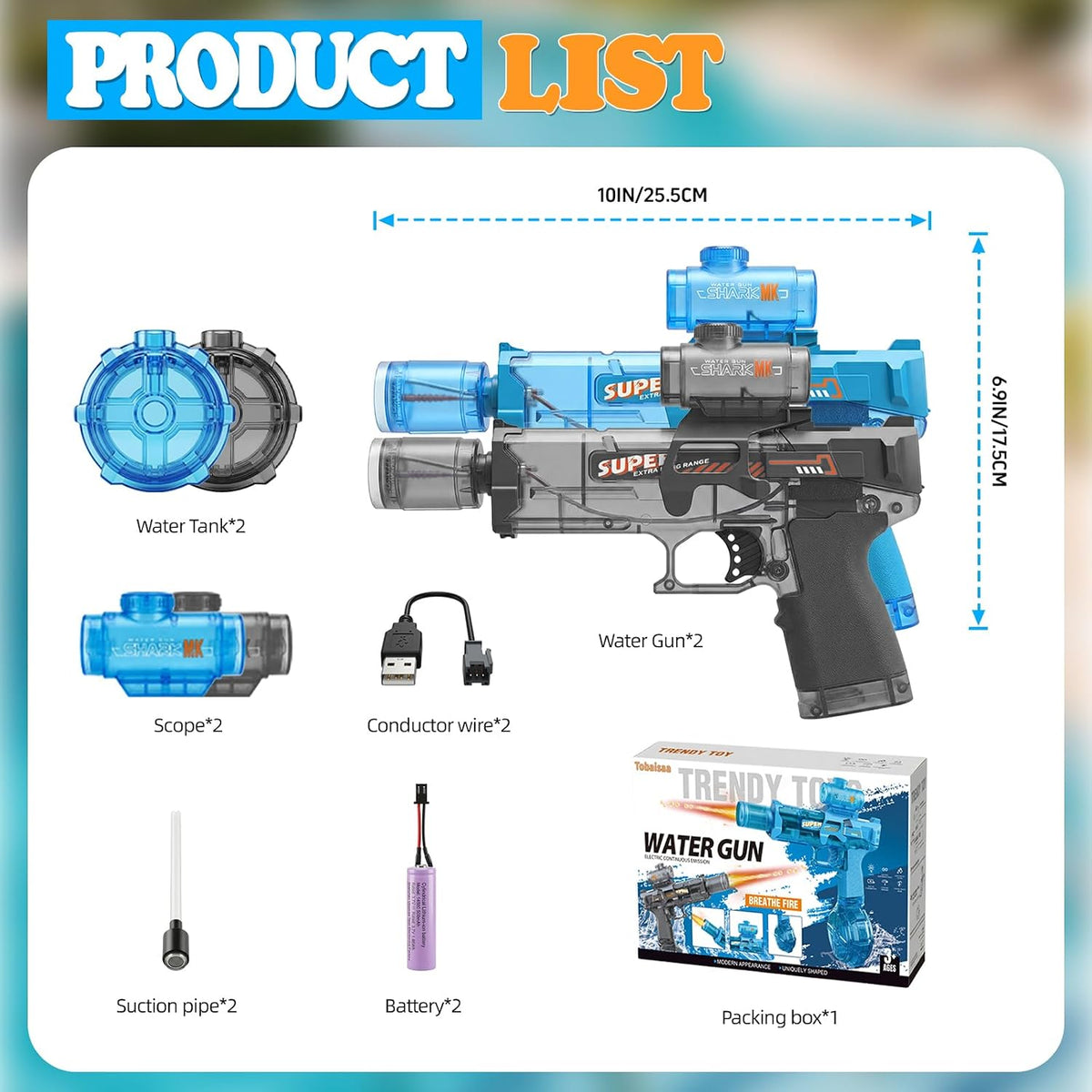 2Pcs Automatic Electric Water Gun, Black+Blue, 26FT for Kids Adults