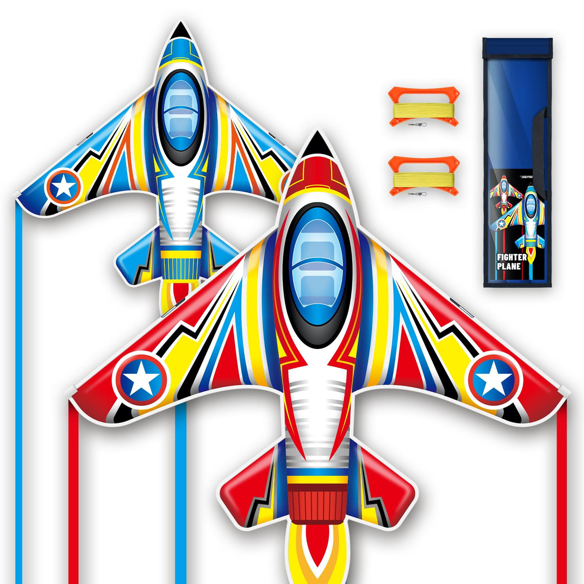 SGftre Airplane Kite for Kids and Adults, Easy to Fly with Durable Fiberglass Frame, Outdoor Fun Sports Plane Kite with Handle and Line Good Flying (Fighter Plane-Blue)