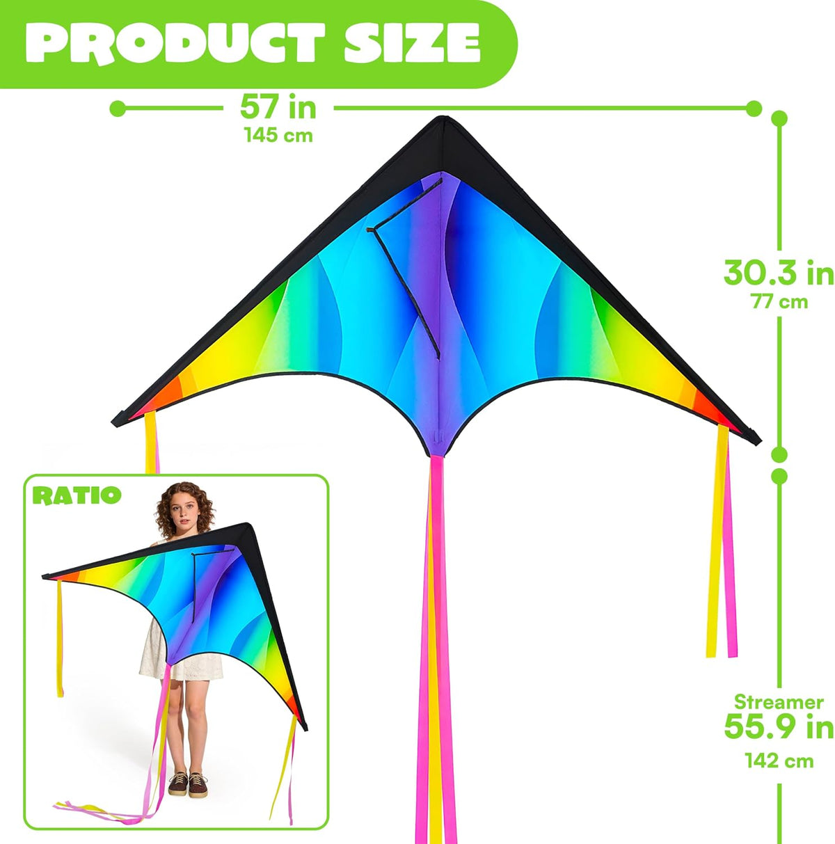 JOYIN Large Delta Kite Gradient Rainbow, Easy to Fly Huge for Kids and Adults with 328ft String, Large Delta Beach Kite for Outdoor Games and Activities