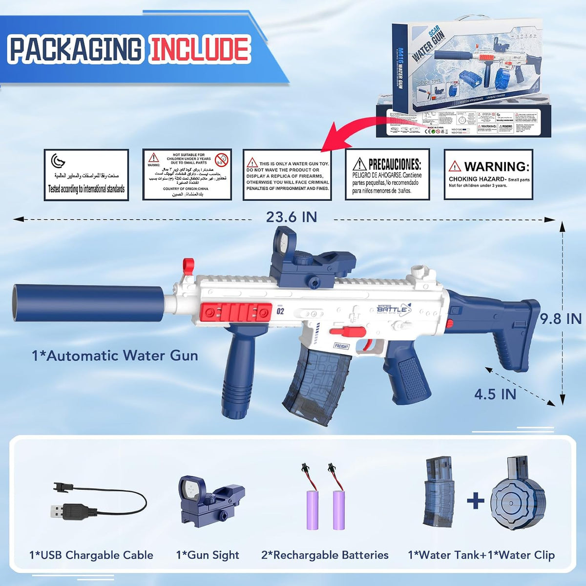 Electric Water Gun With Light Up,Auto Water Gun,Squirt Gun Blaster Up to 32 FT Long Range,Outdoor Party Shooting Game Toy With 2 Batteries & 2 Water Tanks,Ideal Summer Watergun Gift for Kids & Adults.