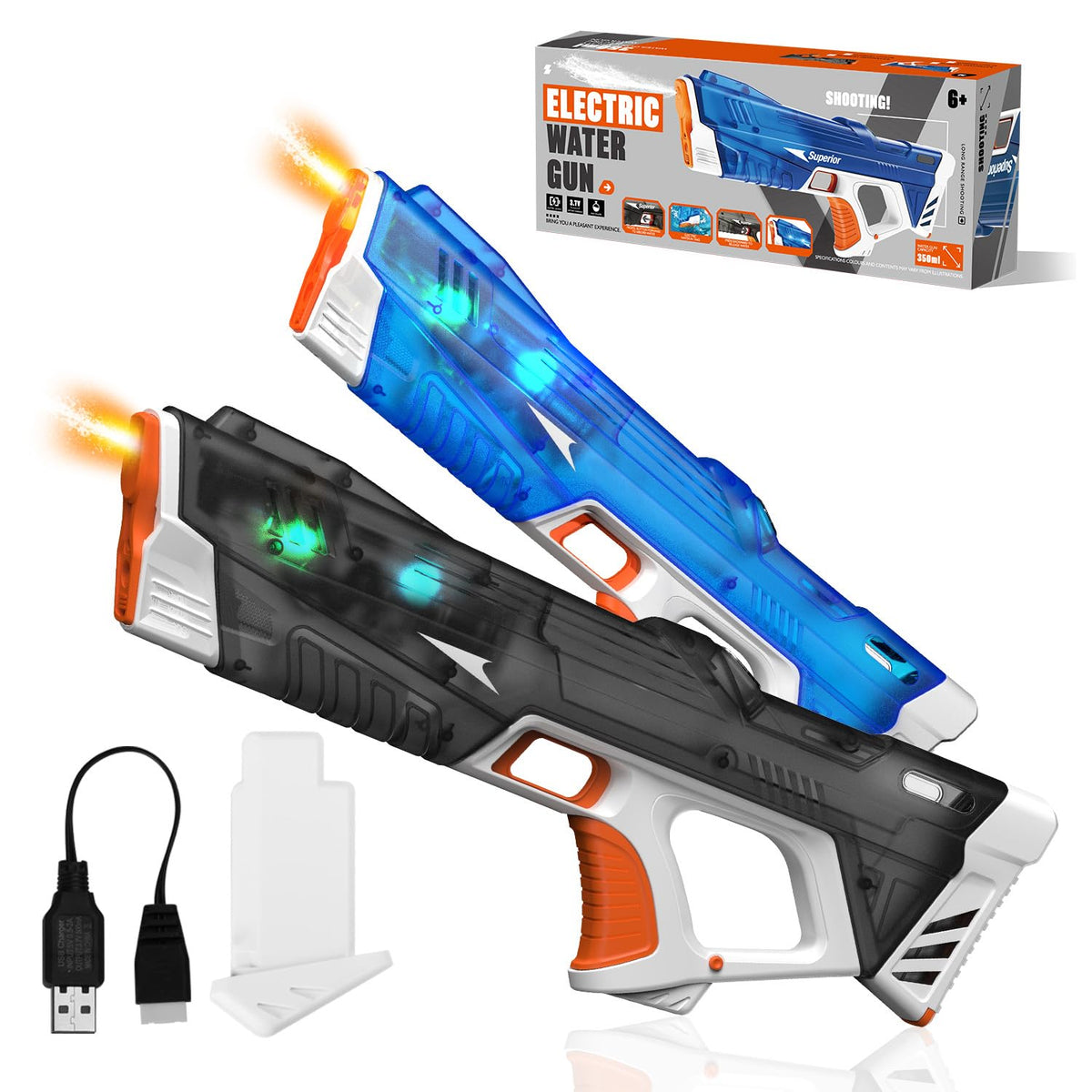 Pakoo Electric Water Gun for Adults Kids, High-Capacity Automatic Squirt Gun with LED Lights, 32FT Long Range Transparent Water Blaster, Summer Outdoor Pool & Beach Party Toys for Boys Girls(Blue)