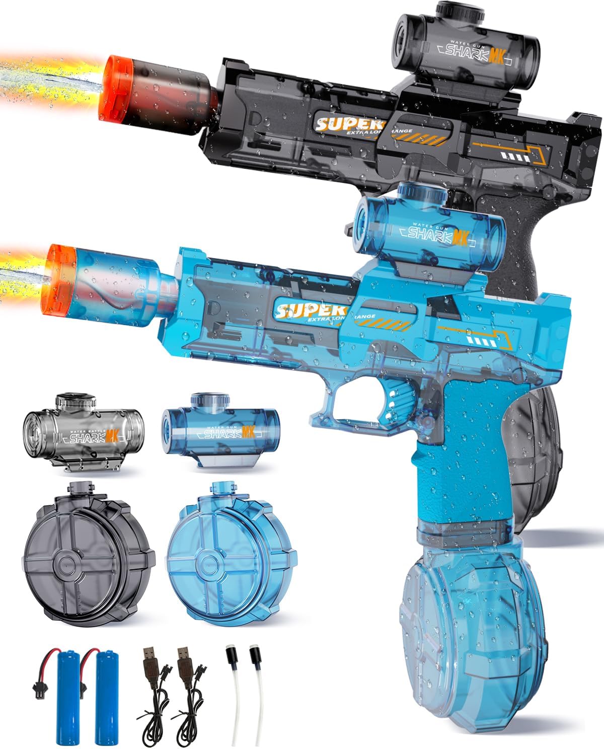 2Pcs Electric Water Gun Toy for Kids Adults,Automatic Squirt Gun with Flashing Muzzle, 26FT Range, Leak-Proof Rechargeable Water Blaster for Summer Pool Beach Water Fights (Black+Blue)
