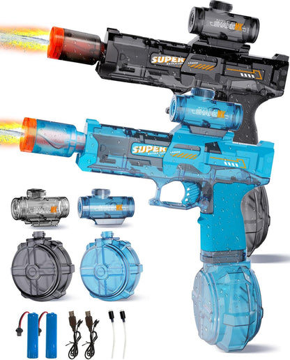2Pcs Electric Water Gun Toy for Kids Adults,Automatic Squirt Gun with Flashing Muzzle, 26FT Range, Leak-Proof Rechargeable Water Blaster for Summer Pool Beach Water Fights (Black+Blue)