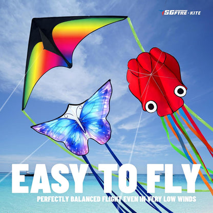 SGftre 3 Piece Set Butterfly Delta Octopus Kites for Kids and Adults，Easy to Fly for Outdoor Adults Children Line Kite for Kids Toy (Gradient Grassland Rainbow+Octopus Red+Blue Dreamy Butterfly, 3)