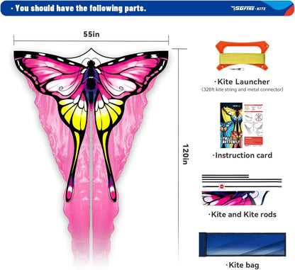 SGftre Tulle Butterfly Pink Kite，Extremely Easy to Fly, Perfect Beach Kites for Family Outdoor Activities, Ideal for Adults and Kids, Includes Kite Thread (Pink)