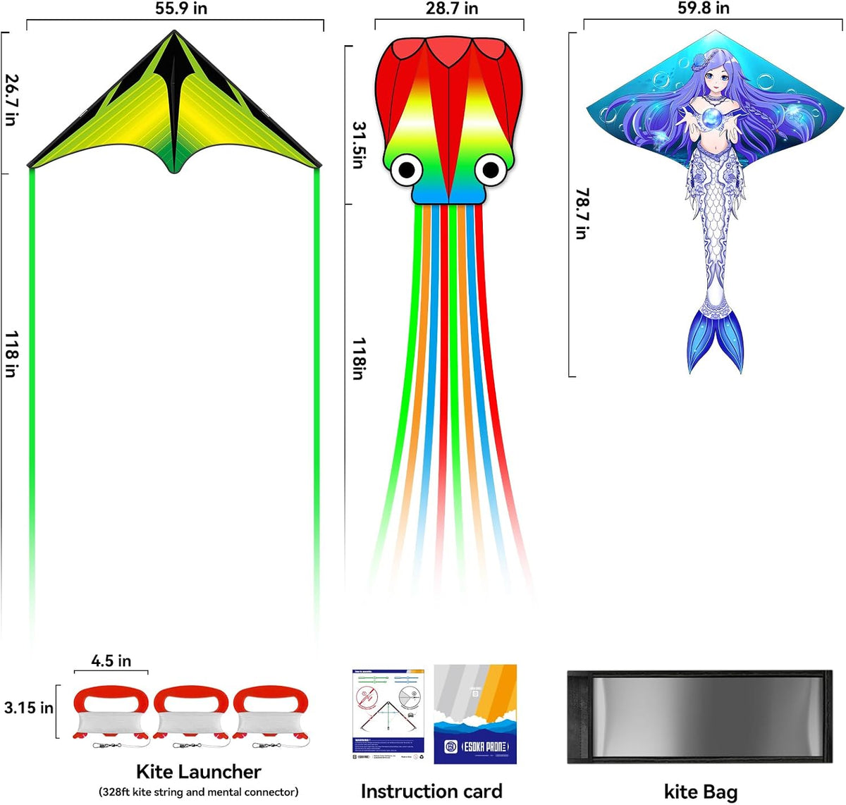 Kites for Kids & Adults,Large Kite for Beginners, Kites for Kids Ages 4-8,Outdoors Activities with Complete Handle, 328ft Kite String & Accessories (QHC Mermaid+L Grassland+Q Octopus, 3)