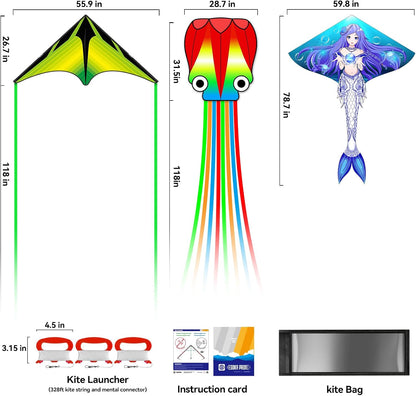 Kites for Kids & Adults,Large Kite for Beginners, Kites for Kids Ages 4-8,Outdoors Activities with Complete Handle, 328ft Kite String & Accessories (QHC Mermaid+L Grassland+Q Octopus, 3)