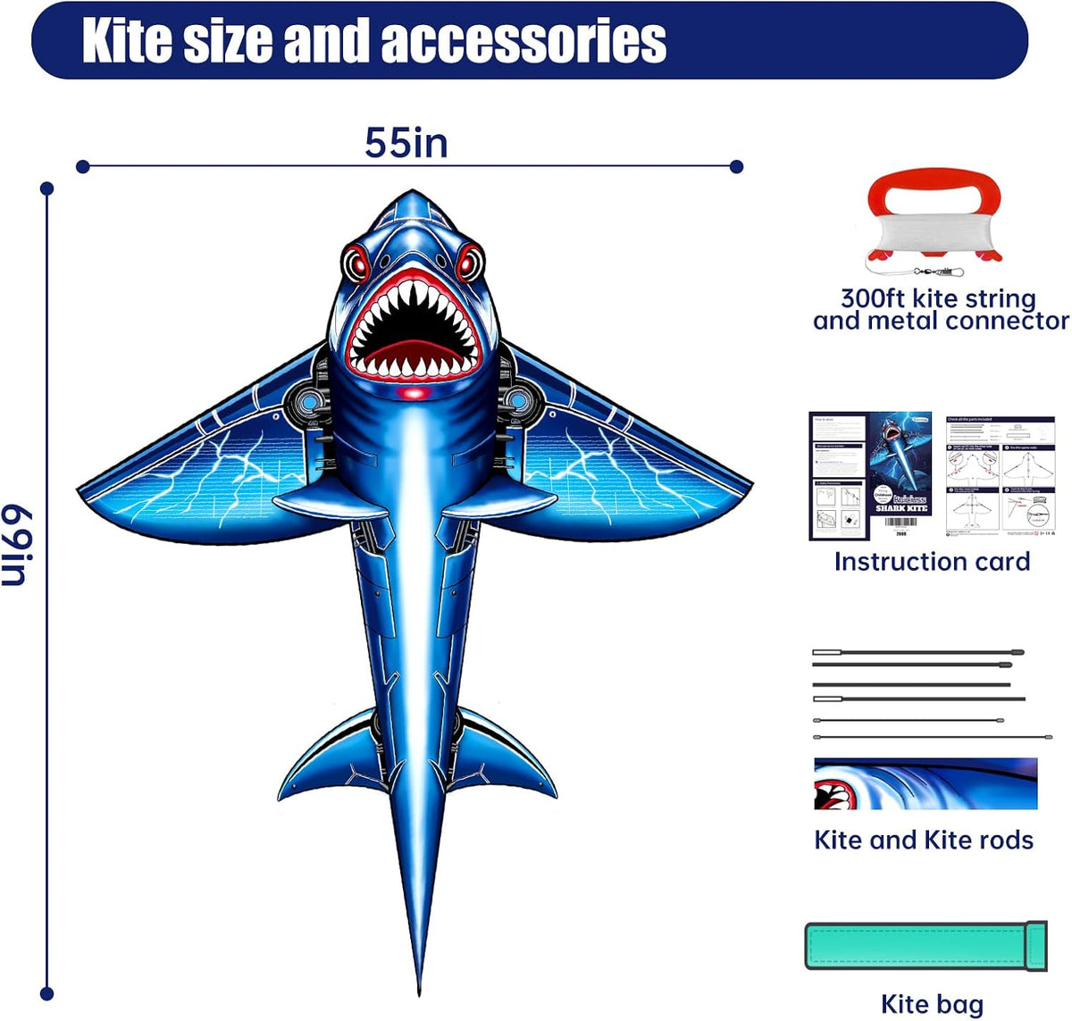 Large Shark Kites for Kids Easy to Fly, Single Line Kite for Boys