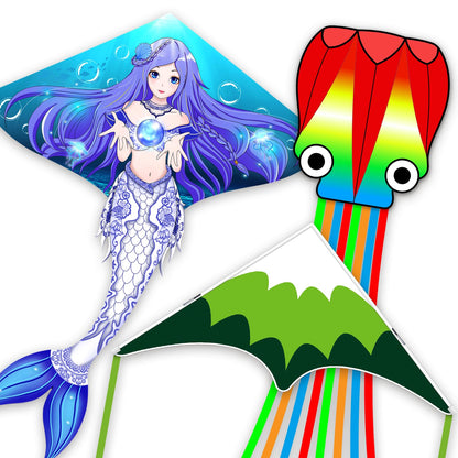 Kites for Adults & Kids Ages 4-8,Beach Kites Easy to Fly for Beginner, with Handle and 328ft Kite String，Best Toy and Gift for Boys & Girls. (QC Grassland, HG Butterfly,QC Octopus, 3)